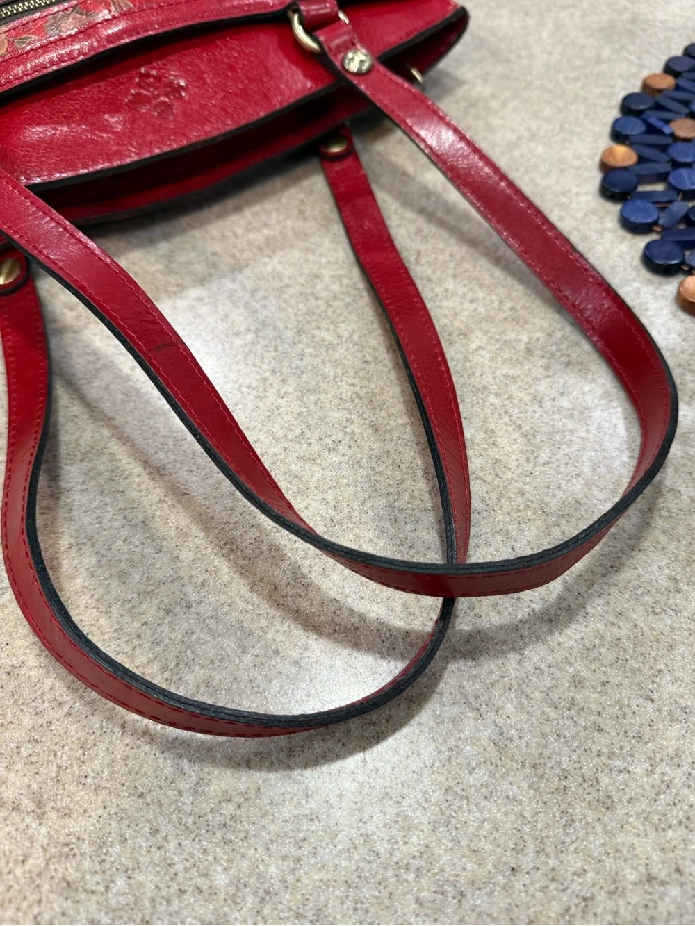 Patricia Nash Red Floral Leather Tassel Shoulder Bag